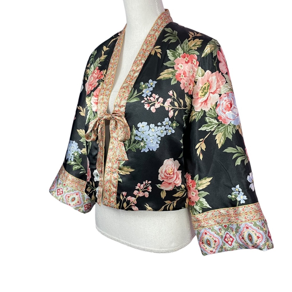 Oscar de la Renta Floral Satin Jacket NEW M Puffy Kimono Tie Waist Boxy Loose